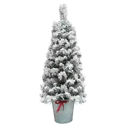 Clearance 4 ft. Pre-Lit Flocked Pine Tree in Metal Pot Christmas Arrangements & Garland