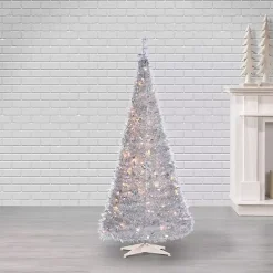 Discount 6 ft. Pre-Lit Silver Tinsel Pop-Up Christmas Tree Christmas Trees