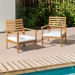 Kirklands Home Outdoor Seating|Acacia White Cushioned Outdoor Chairs, Set of 2