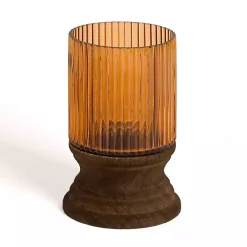 Best Amber Glass and Wood Hurricane, 8 in. Candle Holders