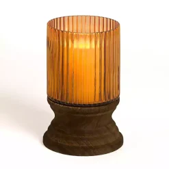 Best Amber Glass and Wood Hurricane, 8 in. Candle Holders