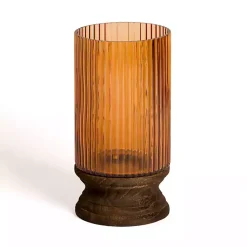 Amber Glass and Wood Hurricane, 13 in. Candle Holders