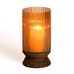 Amber Glass and Wood Hurricane, 13 in. Candle Holders