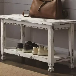 Kirklands Home Benches & Ottomans|Antiquated Farmhouse Shelf Bench White
