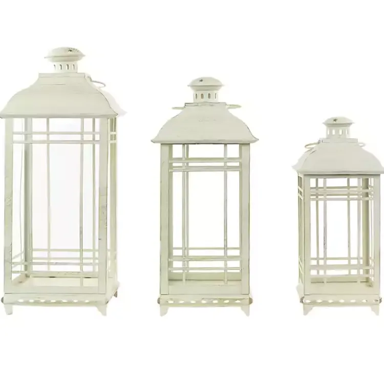 Sale Antique Cream Metal Lanterns, Set of 3 Lanterns