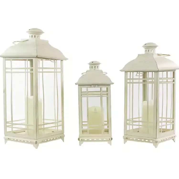Sale Antique Cream Metal Lanterns, Set of 3 Lanterns