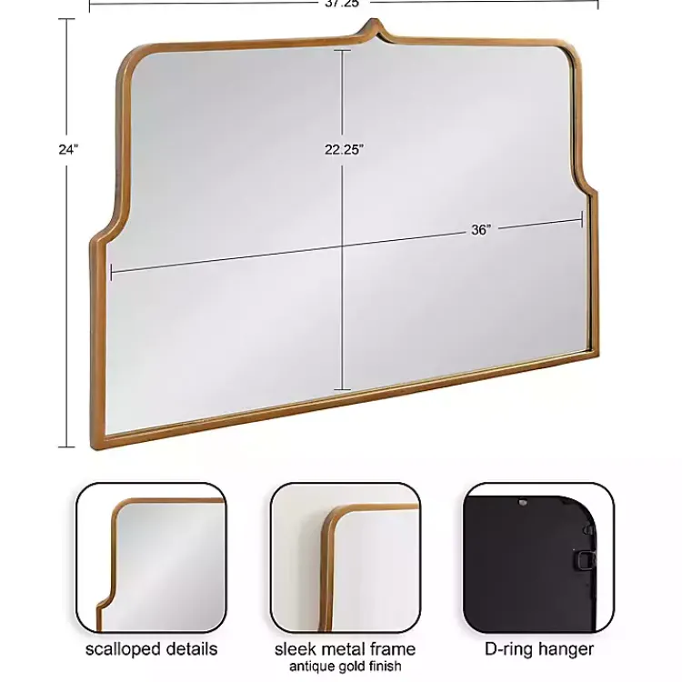 Kirklands Home Decorative Mirrors|Antique Gold Metal Wide Arched Wall Mirror