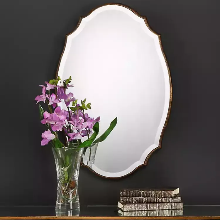 Kirklands Home Decorative Mirrors|Antique Gold Rounded Edge Wood Wall Mirror