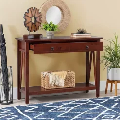 Kirklands Home Console Tables|Antique Tobacco Console Table with Bottom Shelf