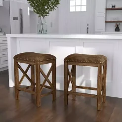 Kirklands Home Bar Stools & Counter Height Stools|Antique Walnut Faux Leather Stools, Set of 2 Brown