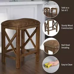 Kirklands Home Bar Stools & Counter Height Stools|Antique Walnut Faux Leather Stools, Set of 2 Brown