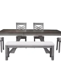 Kirklands Home Dining Chairs|Antique Upholstered Gray Wood Dining Bench White