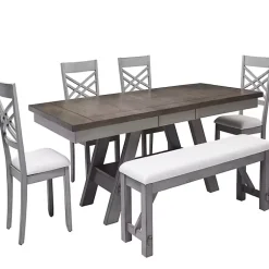 Kirklands Home Dining Chairs|Antique Upholstered Gray Wood Dining Bench White