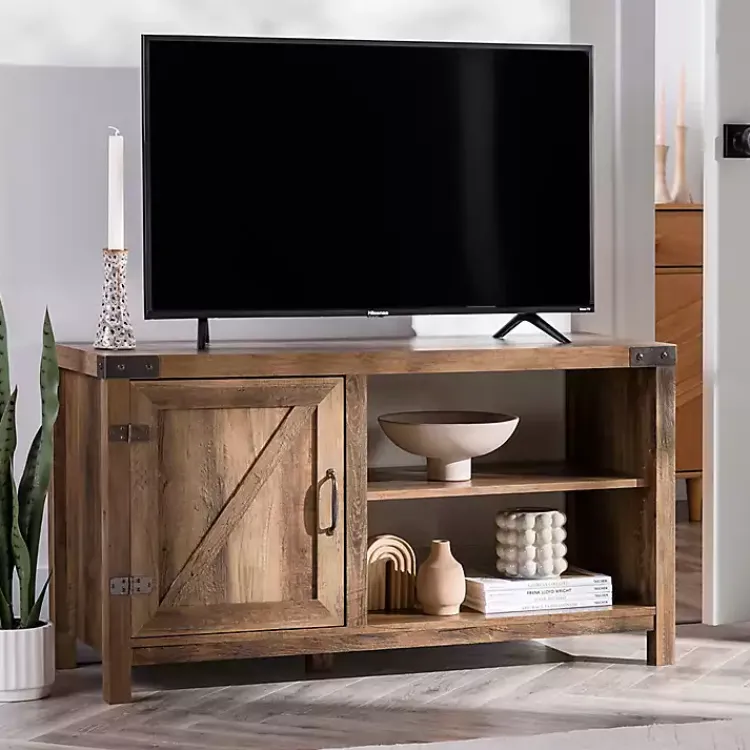 Kirklands Home Tv Stands & Media Consoles|Barn Door Rustic Oak TV Stand with Open Shelves Brown