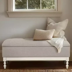 Kirklands Home Benches & Ottomans|Beckett White and Tufted Storage Bench Gray