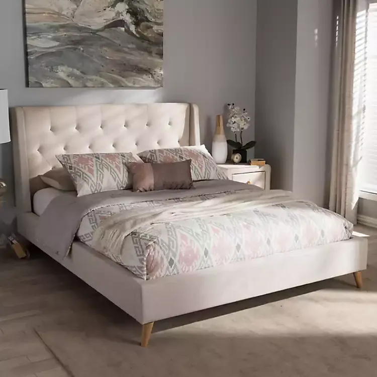 Kirklands Home Beds & Headboards|Beige Upholstered Wingback Queen Platform Bed Ivory