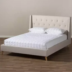 Kirklands Home Beds & Headboards|Beige Upholstered Wingback Queen Platform Bed Ivory