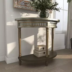 Kirklands Home Console Tables|Beige Wood and Metal Half Moon Console Table Tan