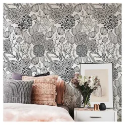 Kirklands Home Wall Murals & Wallpaper|& White Floral Garden Peel & Stick Wallpaper Black
