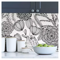 Kirklands Home Wall Murals & Wallpaper|& White Floral Garden Peel & Stick Wallpaper Black