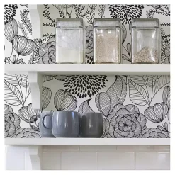 Kirklands Home Wall Murals & Wallpaper|& White Floral Garden Peel & Stick Wallpaper Black