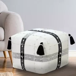 Sale Black and Ivory Textured Plaid Pouf Poufs & Floor Cushions