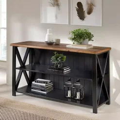Kirklands Home Console Tables|Black and Rustic Oak Wood Farmhouse Console Table