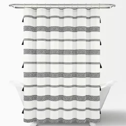 Kirklands Home Shower Curtains|Black and White Striped Boho Shower Curtain