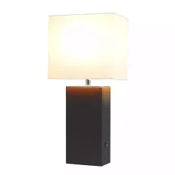 Kirklands Home Table Lamps|Faux Leather Charging Table Lamp Black