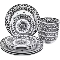 Kirklands Home Dinnerware|Black Lila Patterned 12-pc. Dinnerware Set