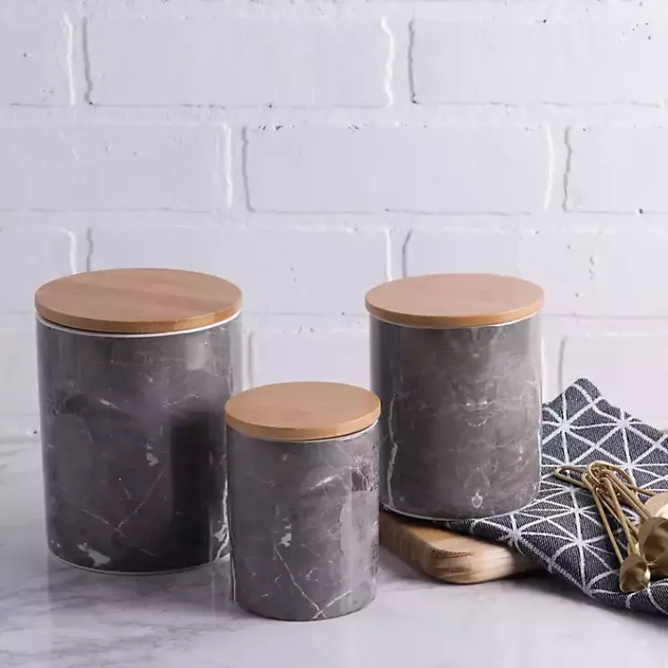Kirklands Home Kitchen Storage|Black Marble Ceramic Canisters, Set of 3