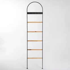 Outlet Metal & Natural Wood Ladder with Hooks Decorative Accents