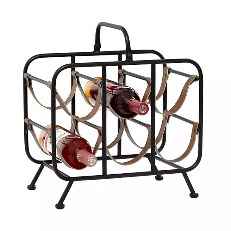 Kirklands Home Barware|Black Metal and Faux Leather Wine Rack