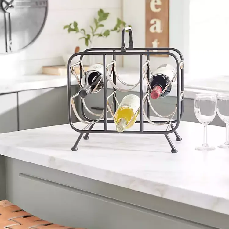 Kirklands Home Barware|Black Metal and Faux Leather Wine Rack