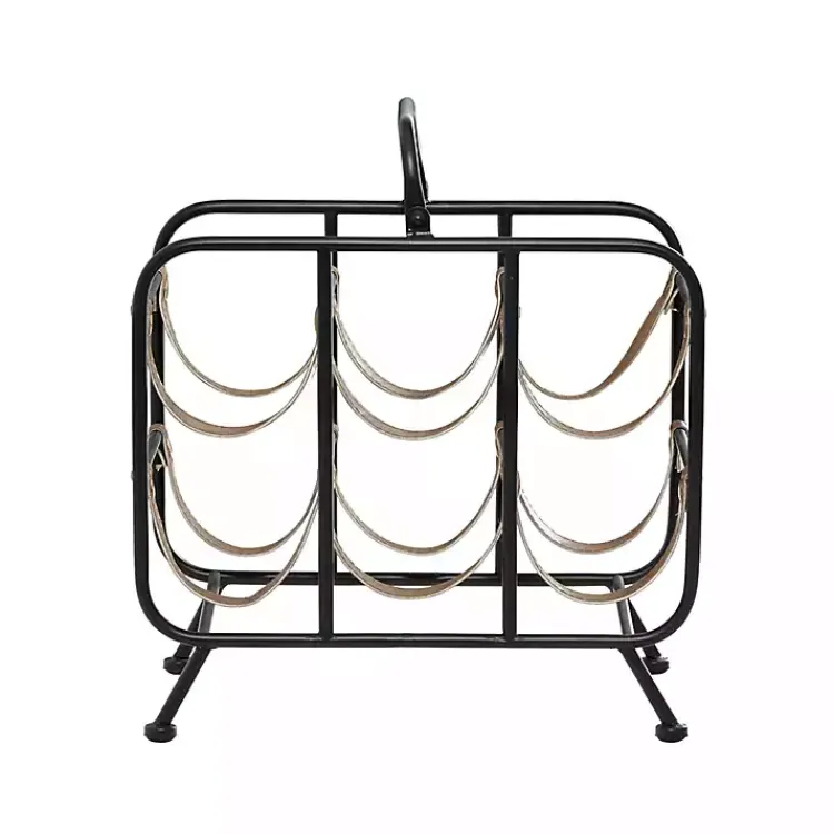 Kirklands Home Barware|Black Metal and Faux Leather Wine Rack