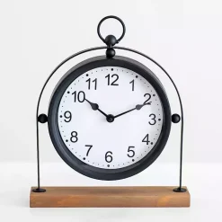 Black Metal Frame with Wood Base Tabletop Clock Decorative Accents
