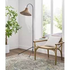 Kirklands Home Floor Lamps|Black Metal Jeri Floor Lamp with Rat Shade Tan