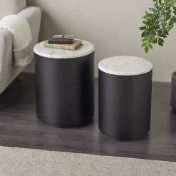 Kirklands Home Accent & End Tables|Black Metal Marble Nesting Accent Tables, Set of 2 White