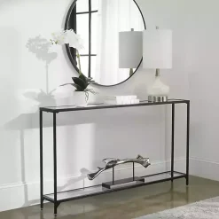 Kirklands Home Console Tables|Black Metal Mirrored Top Console Table