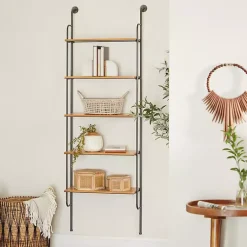 Kirklands Home Shelves|Black Metal Pipe Frame Brown Wood Wall Shelf