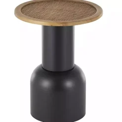 Kirklands Home Accent & End Tables|Black Metal Rattan Pedestal Accent Table, 16 in. Brown