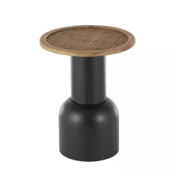 Kirklands Home Accent & End Tables|Black Metal Rattan Pedestal Accent Table, 16 in. Brown