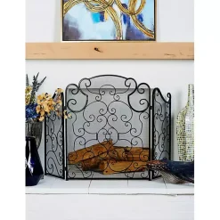 Black Metallic Scroll Three-Panel Fire Screen Fireplace Accessories