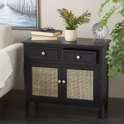 Kirklands Home Cabinets & Sideboards|Wood & Natural Rattan 2-Door Cabinet Black