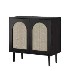 Kirklands Home Cabinets & Sideboards|Wood and Arched Rattan 2-Door Cabinet Black