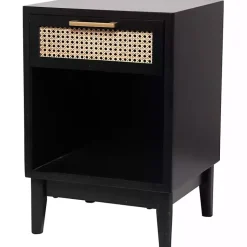Kirklands Home Nightstands|Wood and Natural Rattan Drawer Nightstand Black