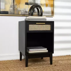 Kirklands Home Nightstands|Wood and Natural Rattan Drawer Nightstand Black