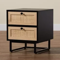 Kirklands Home Nightstands|Wood and Rattan 2-Drawer Nightstand Black