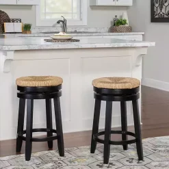 Kirklands Home Bar Stools & Counter Height Stools|Black Wood Seagrass Seat Swivel Counter Stool Tan