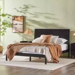 Kirklands Home Beds & Headboards|Wood Slatted Mid-Century Modern Queen Bed Black